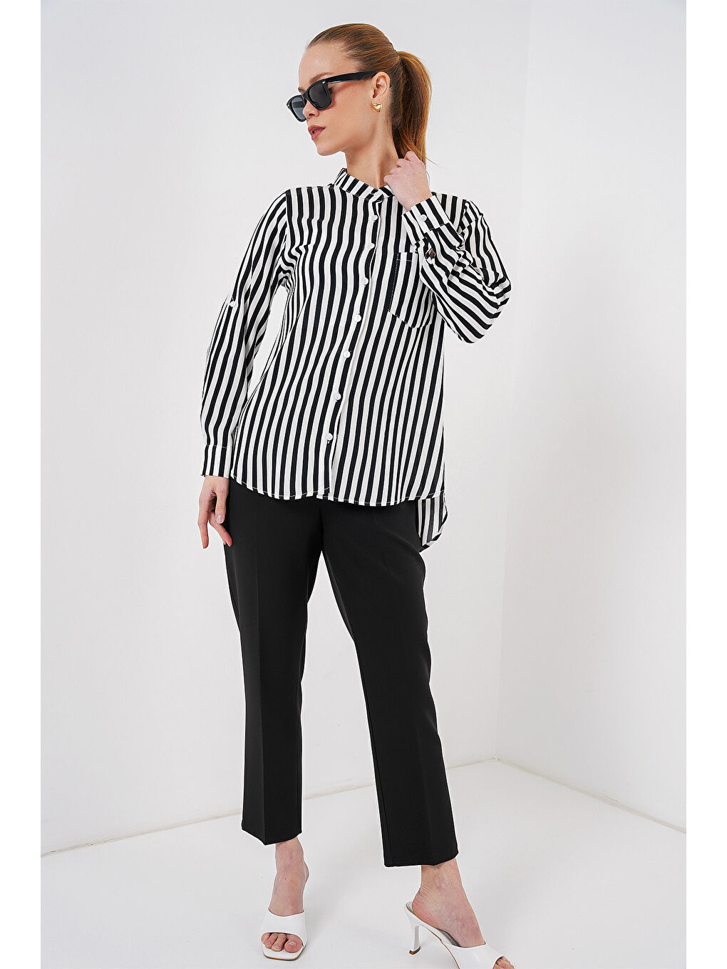 Kadın Uzun Kollu Çizgili Gömlek 20283 - Beyaz-1