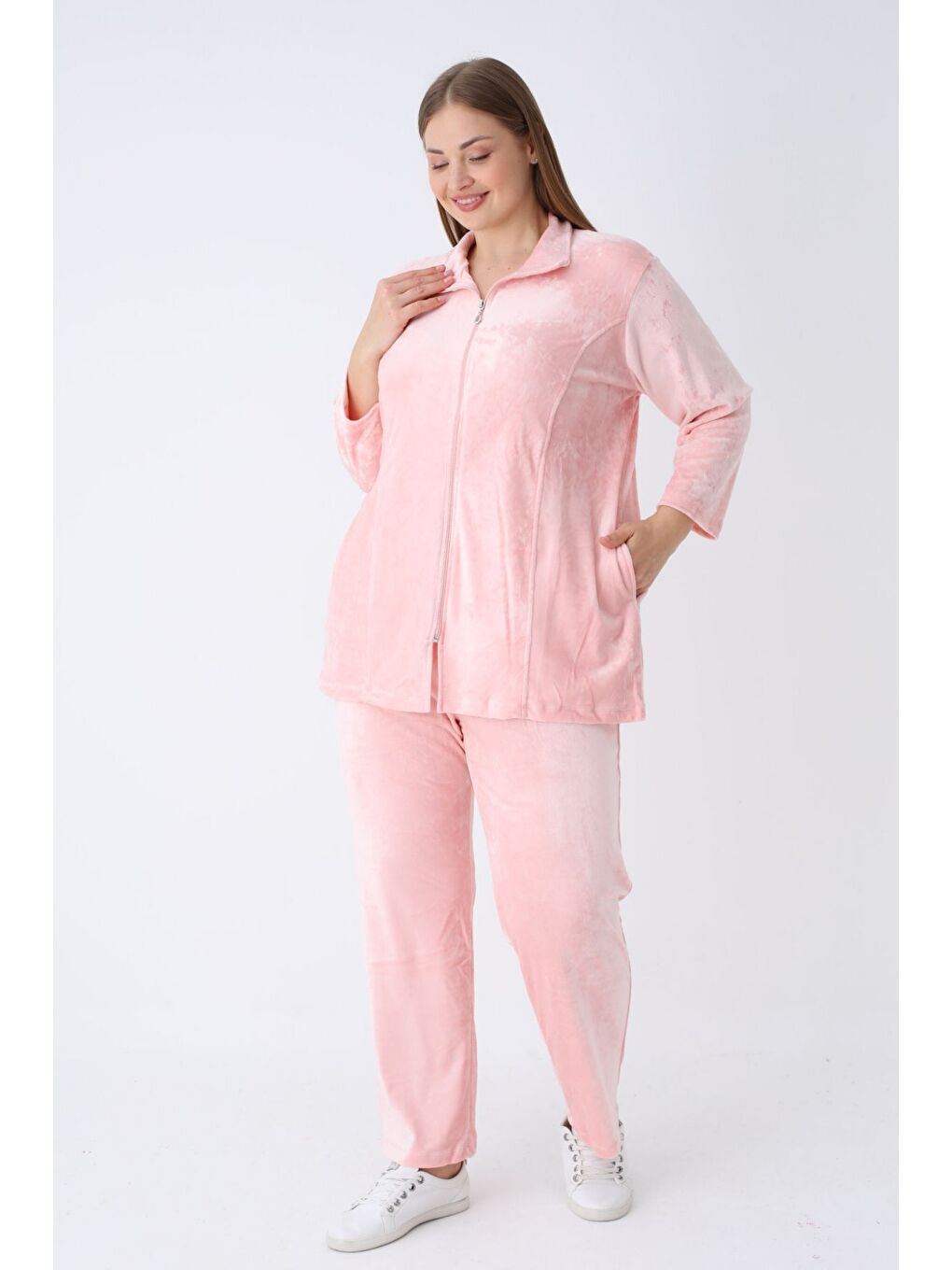 Pembe kadın büyük beden polar uzun kollu cepli fermuarlı soft eşofman takımı-3