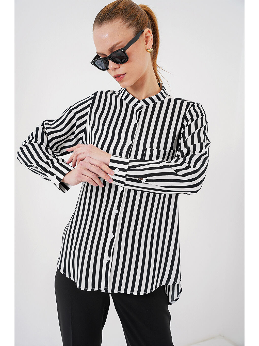 Kadın Uzun Kollu Çizgili Gömlek 20283 - Beyaz-2