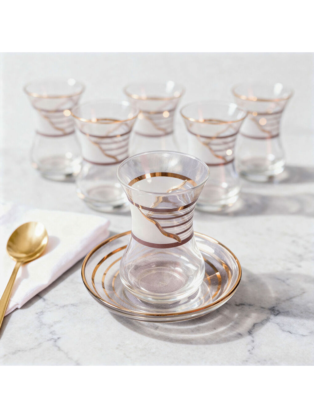 Ekru Güral Cam 12 Parça 6 Kişilik İnce Belli Çay Takımı 50576-2