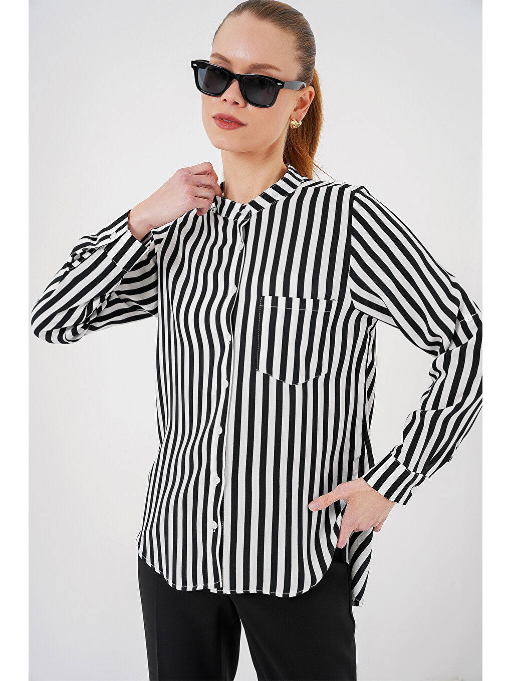 Kadın Uzun Kollu Çizgili Gömlek 20283 - Beyaz-3