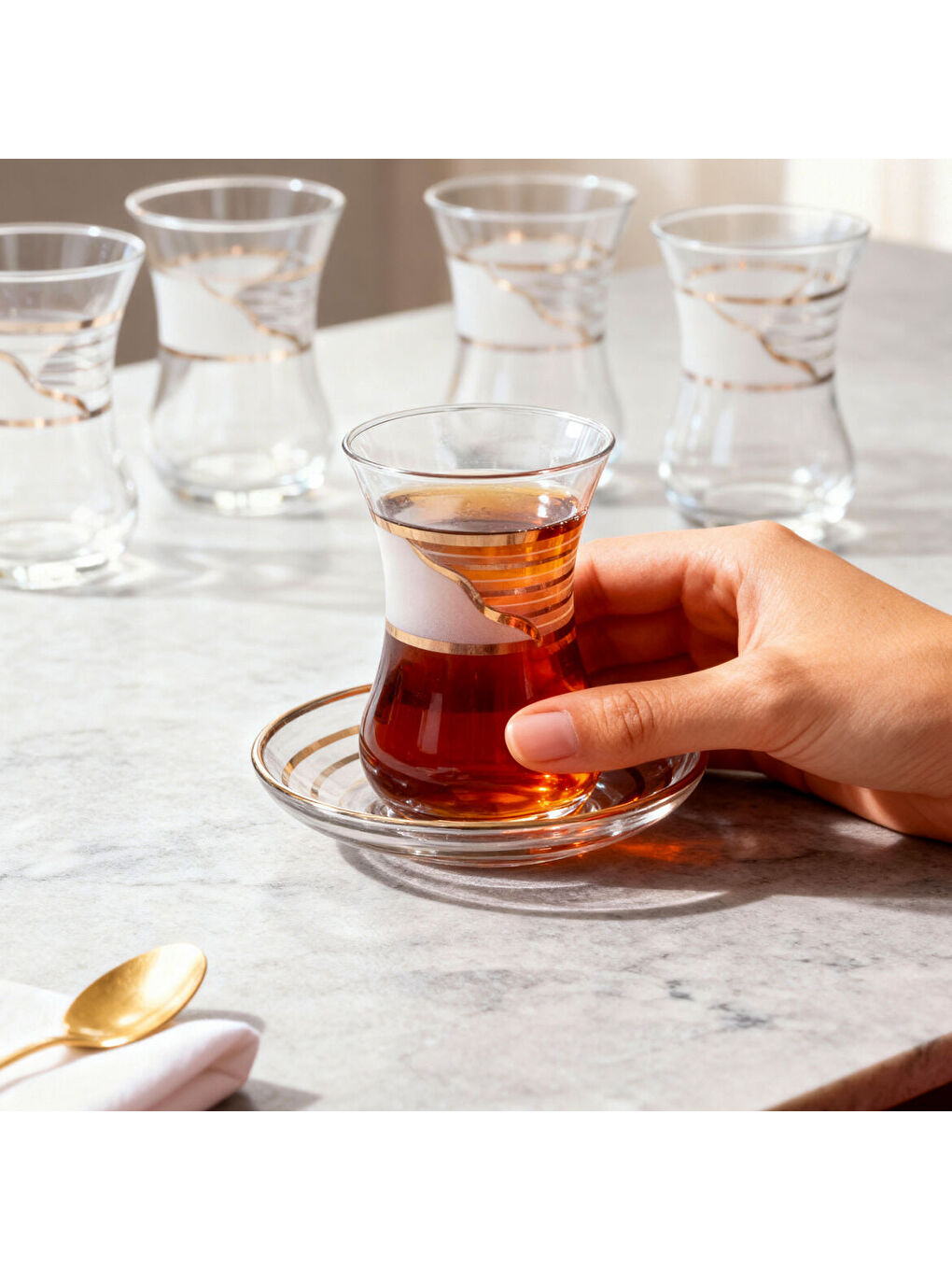 Ekru Güral Cam 12 Parça 6 Kişilik İnce Belli Çay Takımı 50576-3