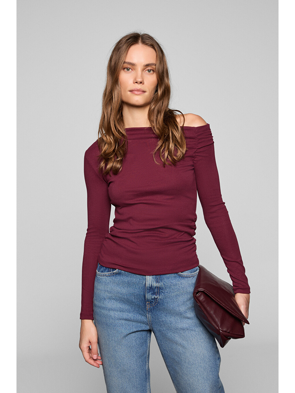 Bordo SISSI Kadin Organik Pamuklu Asimetrik Yaka Elastanlı Esnek Kumaşlı BORDO Bluz-3