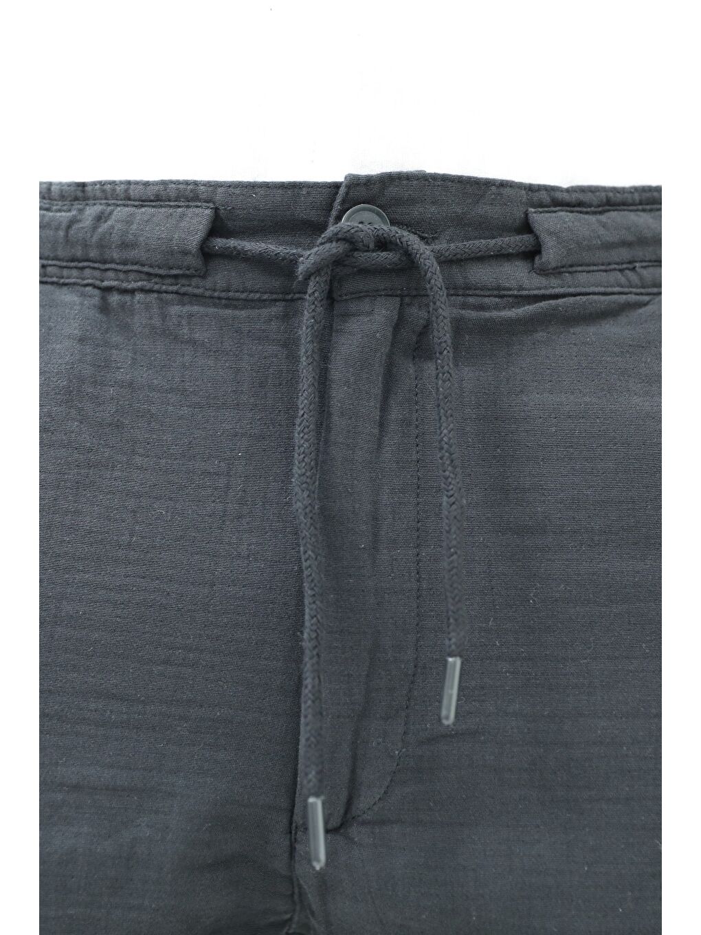 Siyah Erkek Musli Bağcıklı Keten Şort-2