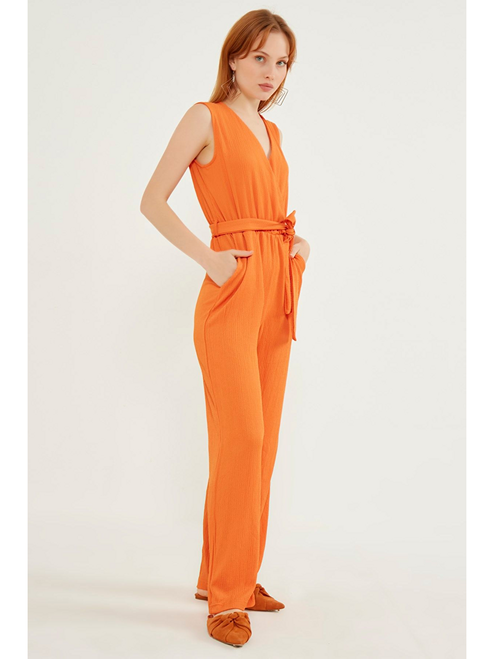 Turuncu Kadın Oranj Beli Kuşaklı Bürümcük Tulum