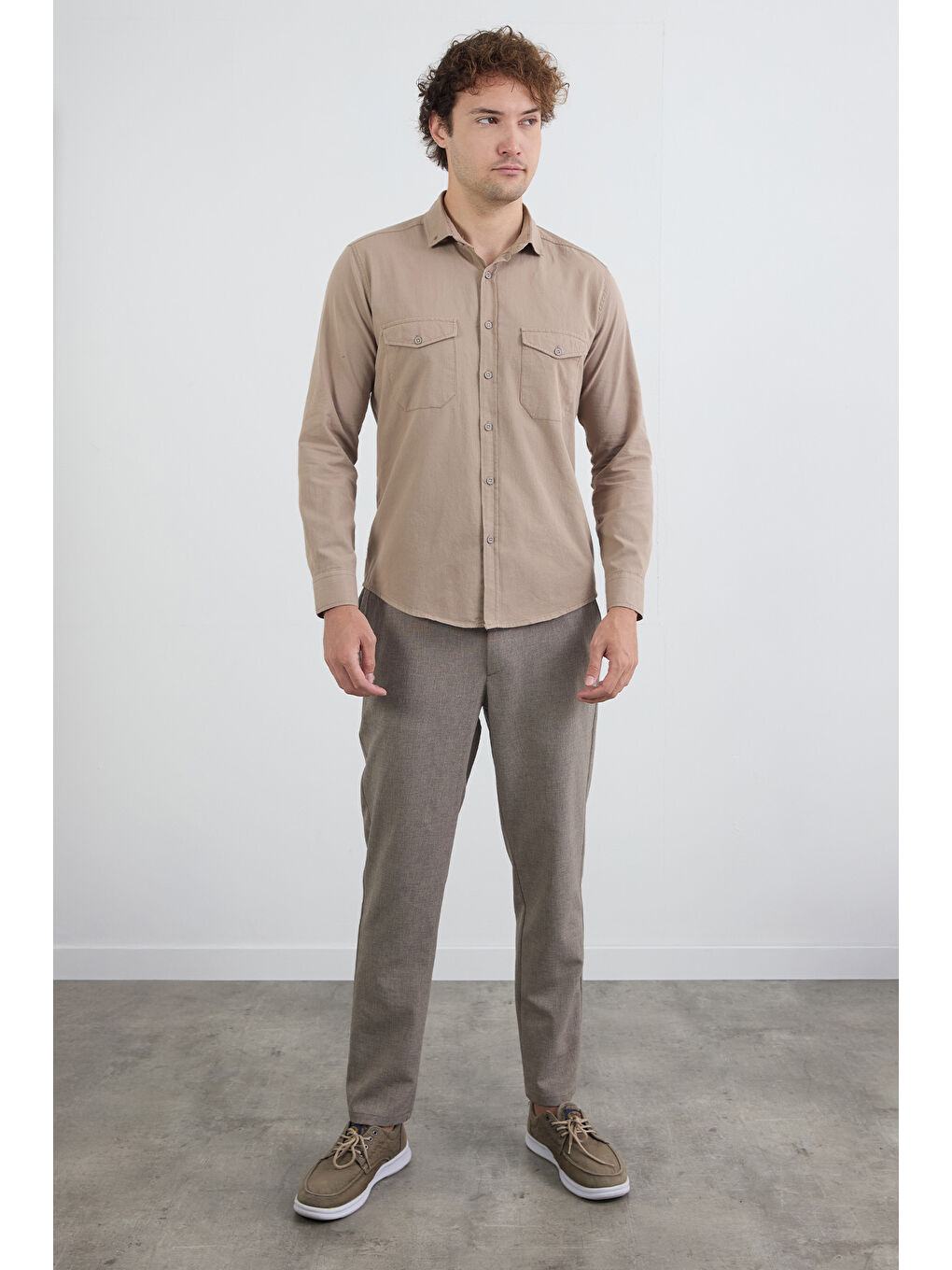 Bej Basic Çift Cepli %100 Pamuk Gömlek-3