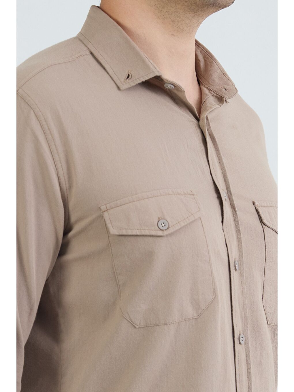 Bej Basic Çift Cepli %100 Pamuk Gömlek-4