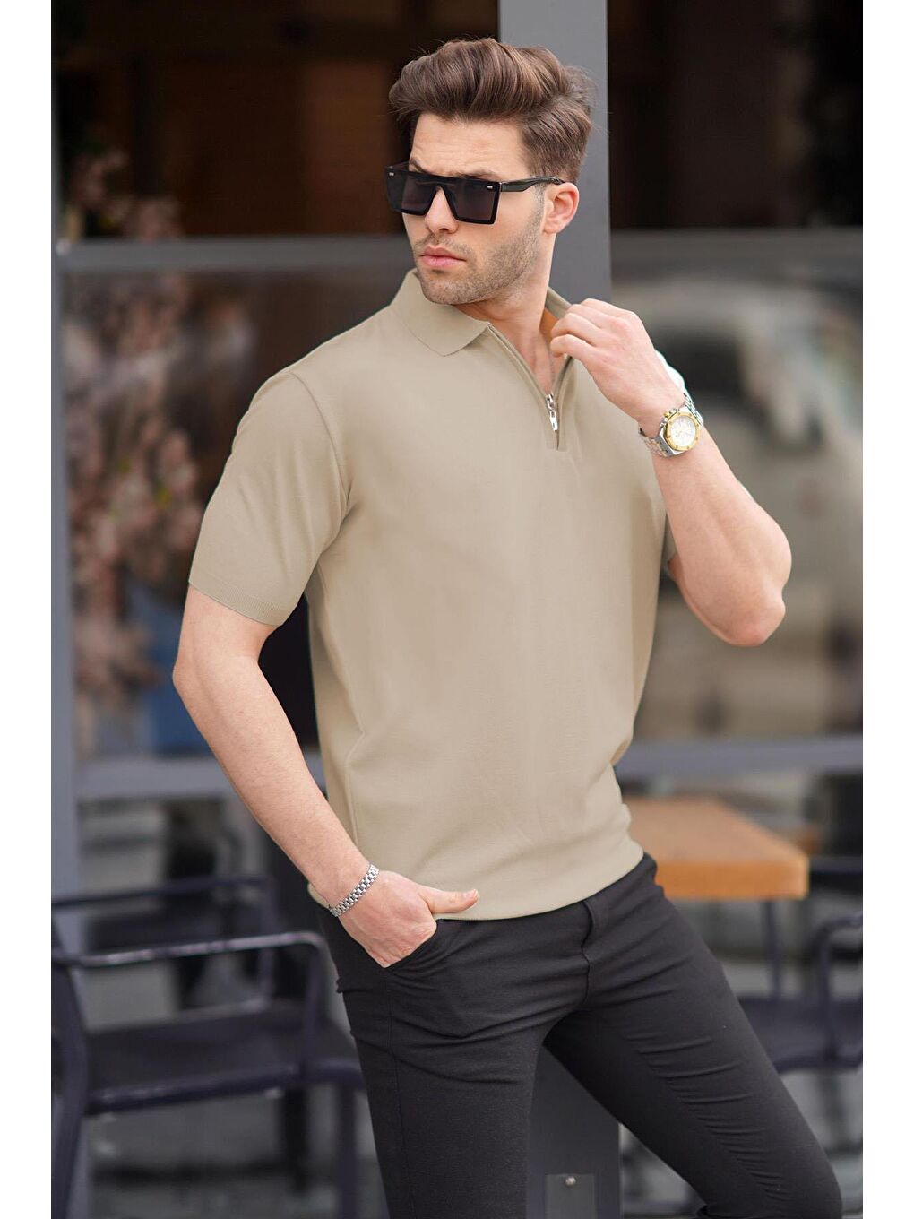 Bej Vizon Fermuar Detaylı Polo Yaka Triko Tişört 6885-1