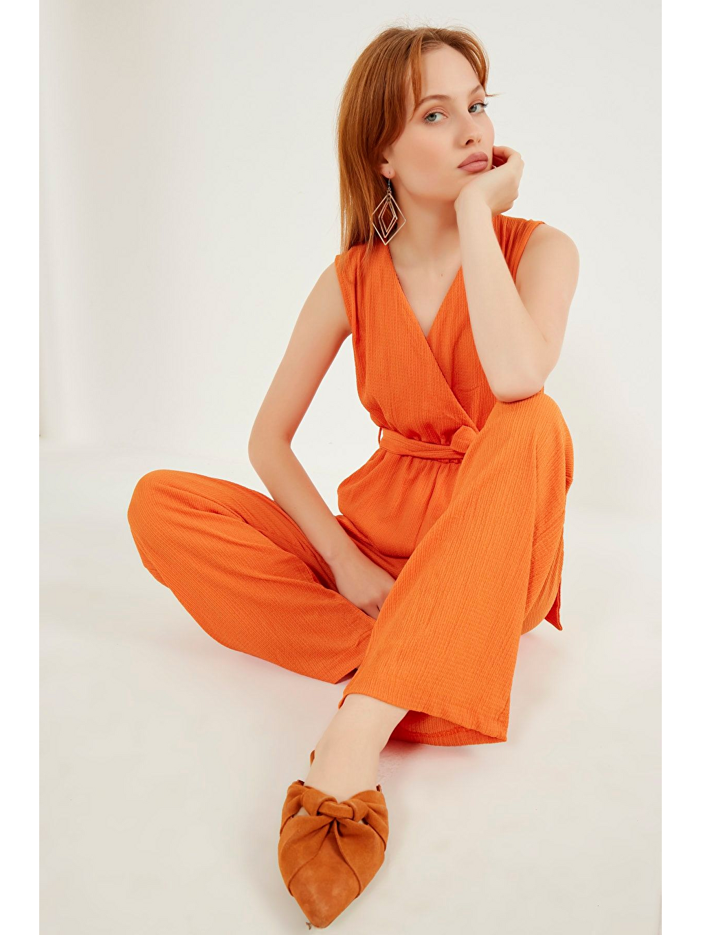 Turuncu Kadın Oranj Beli Kuşaklı Bürümcük Tulum-1