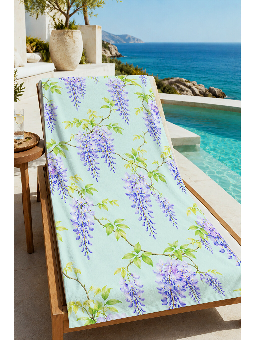 Pastel Mor Salkım Çiçeği Botanik Desenli 70x150 Plaj Havlusu - Dijital Baskılı Banyo Havlusu-4