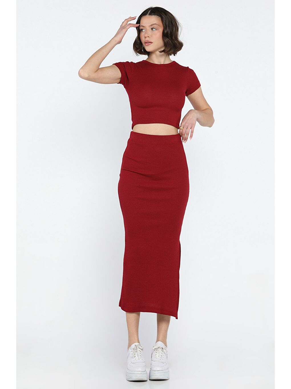 Bordo Bisklet Yaka Midi Boy Elastanlı Yırtmaçlı Kaşkorse Kadın İkili Takım-1