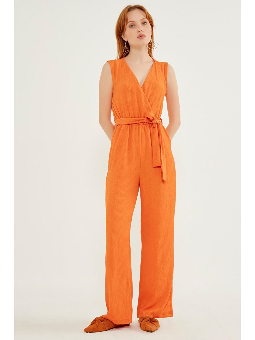 Turuncu Kadın Oranj Beli Kuşaklı Bürümcük Tulum-2