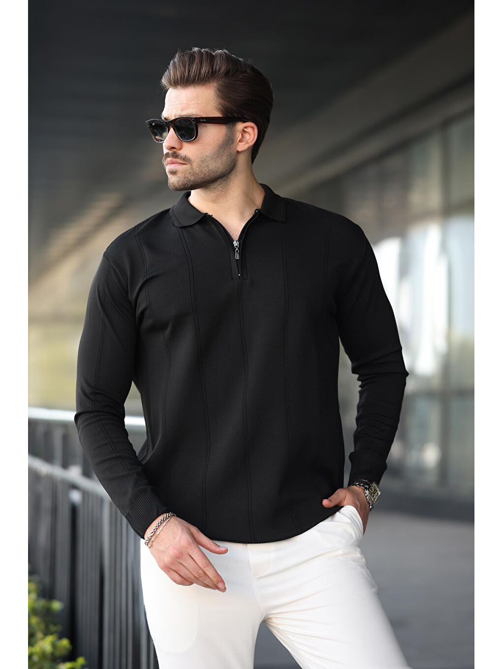 Siyah Polo Yaka Fermuarlı Erkek Kazak E7427