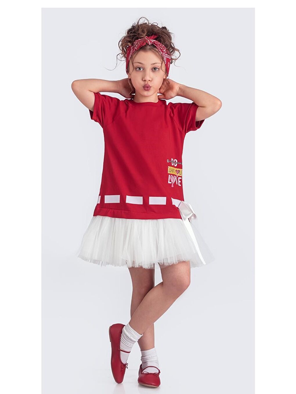 Kırmızı Tütü Etekli Yazlık Penye Kız Çocuk Spor Elbise M00703