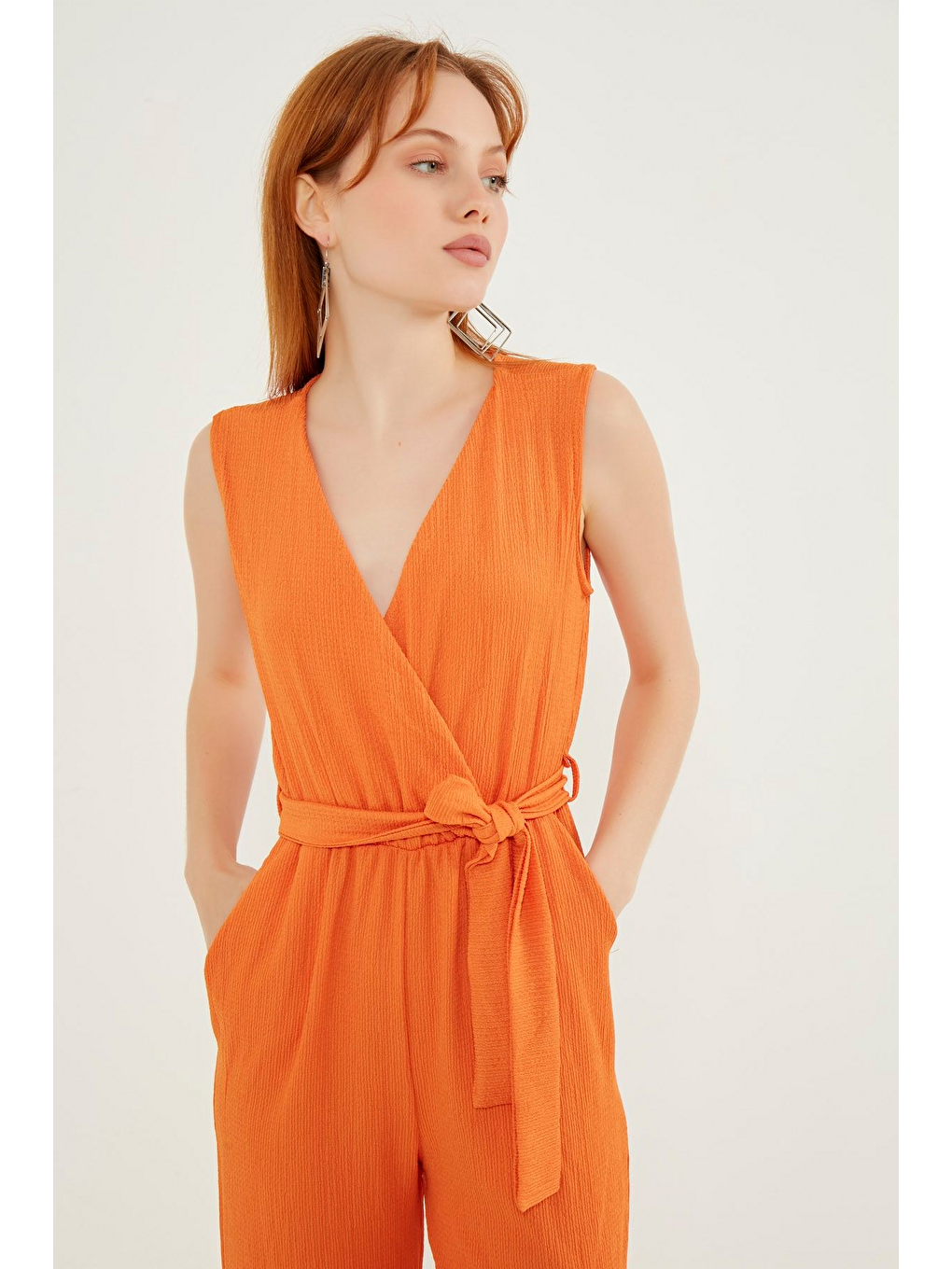 Turuncu Kadın Oranj Beli Kuşaklı Bürümcük Tulum-4