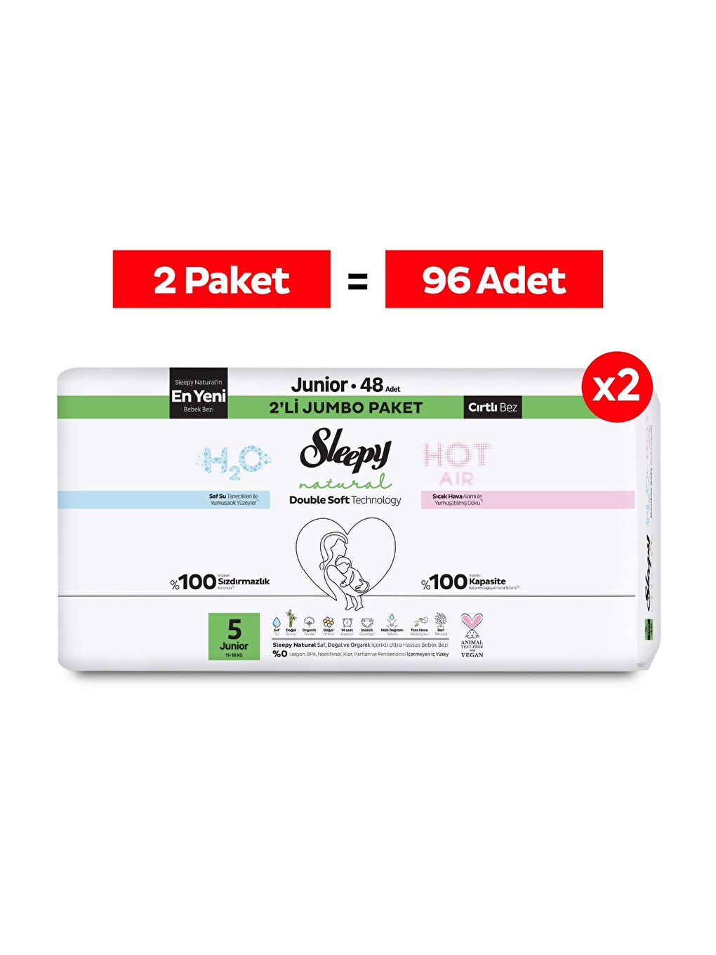 Natural Double Soft Avantajlı Mega Paket Bebek Bezi 5 Numara Junior 96 Adet-1