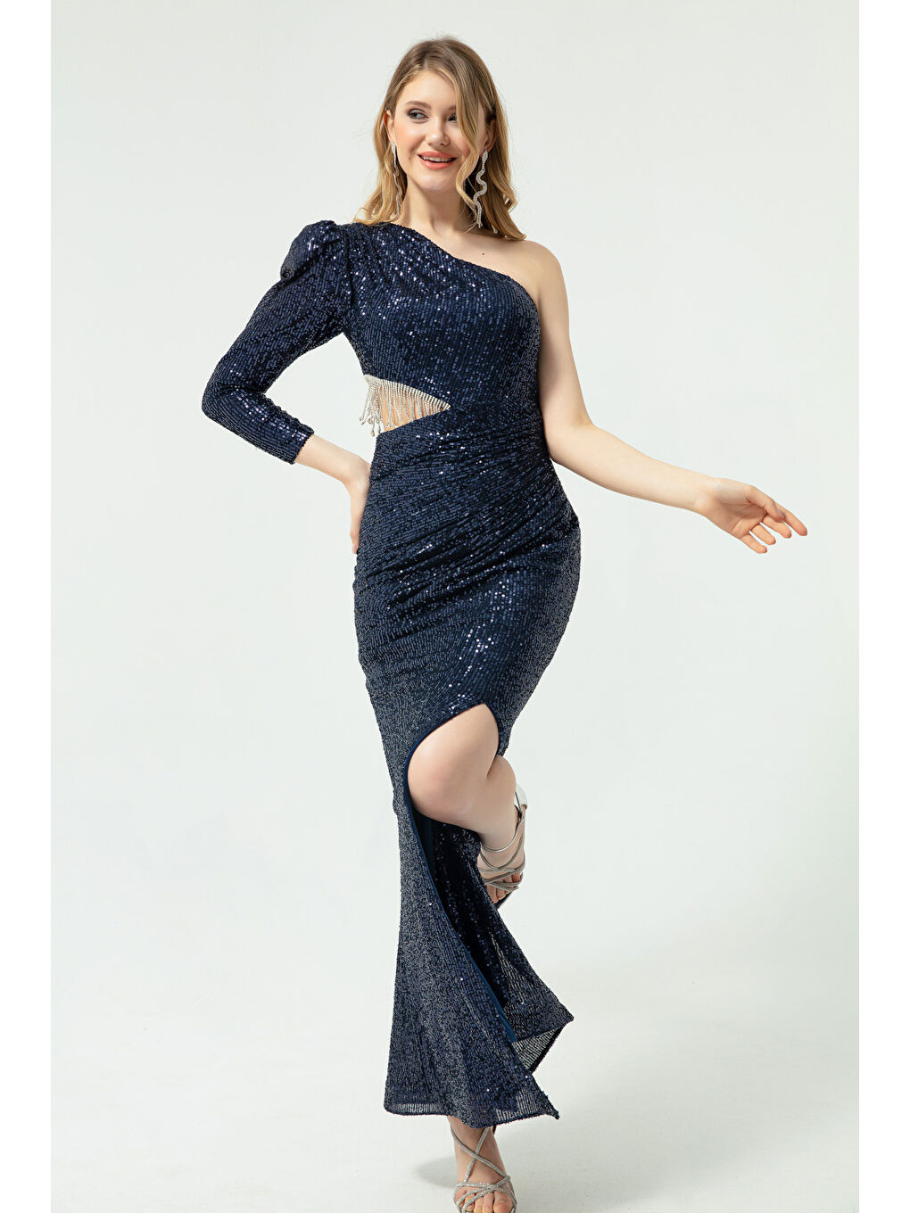 Kadın Lacivert Tek Kol Payetli ve Taşlı Uzun Abiye Elbise