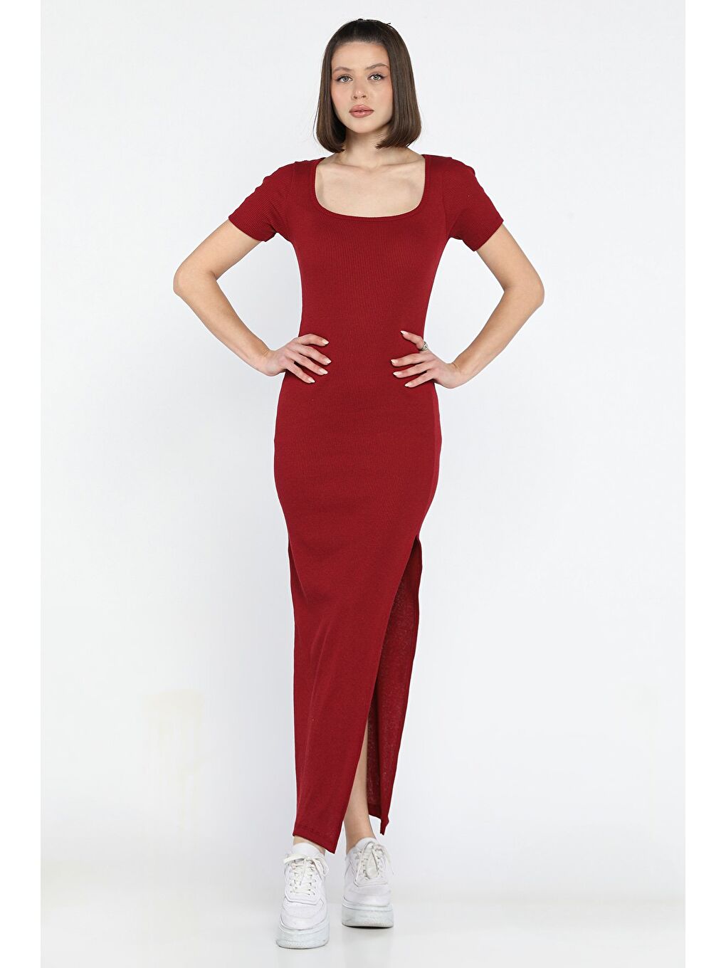 Bordo Kare Yaka Kaşkorse Elbise-1