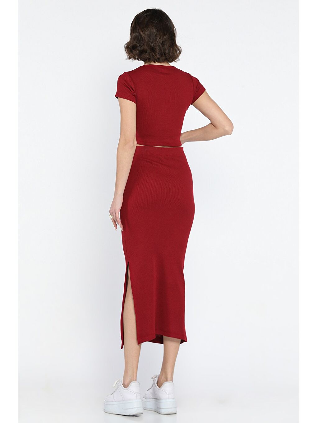 Bordo Bisklet Yaka Midi Boy Elastanlı Yırtmaçlı Kaşkorse Kadın İkili Takım-2