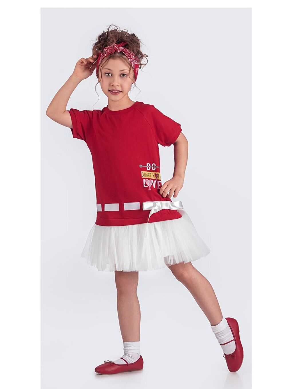 Kırmızı Tütü Etekli Yazlık Penye Kız Çocuk Spor Elbise M00703-2