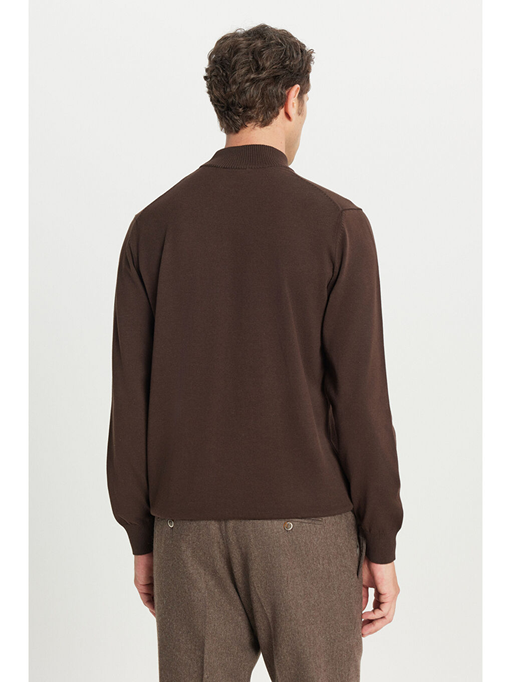 Erkek Kahverengi Pamuklu Standart Fit Normal Kesim Yarım Balıkçı Yaka Triko Kazak-4