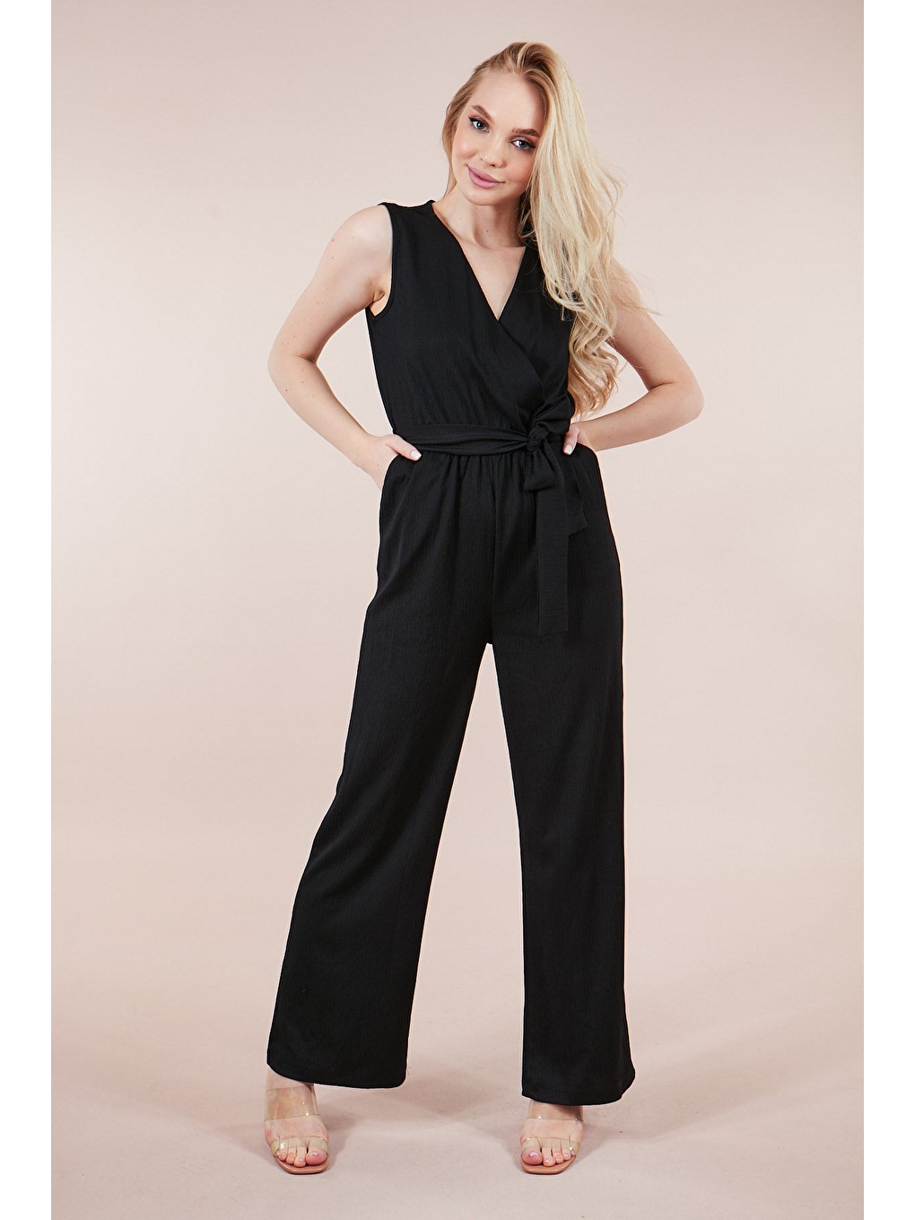 Kadın Siyah Beli Kuşaklı Bürümcük Tulum-1