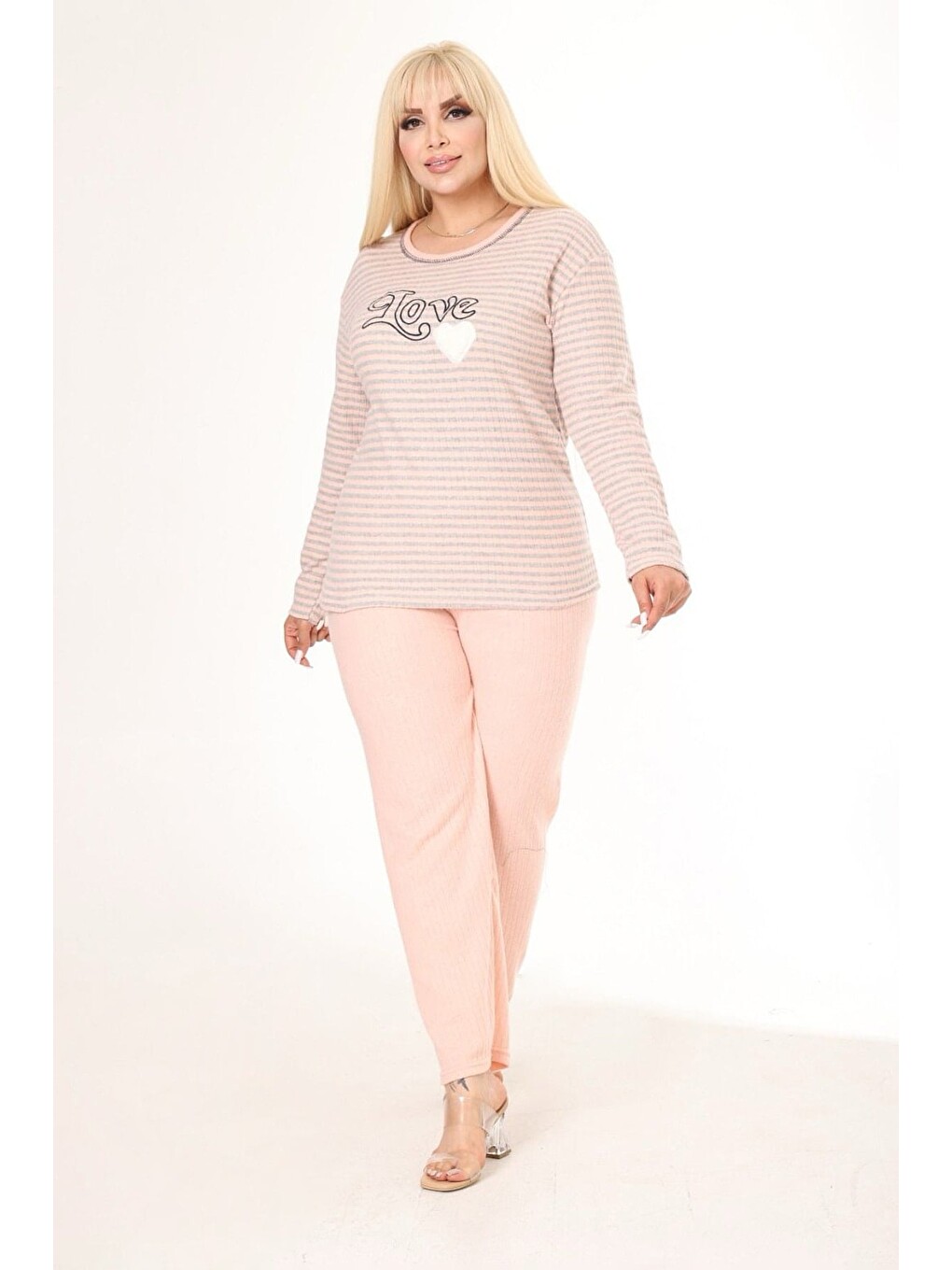 Pembe Let Me Slee P Baskılı Büyük Beden Pijama Takımı-1