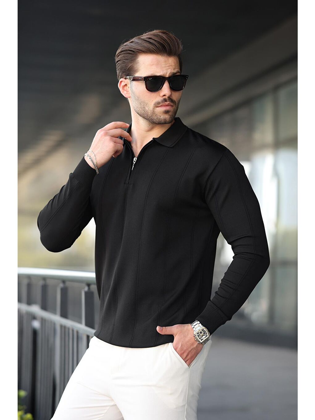 Siyah Polo Yaka Fermuarlı Erkek Kazak E7427-1