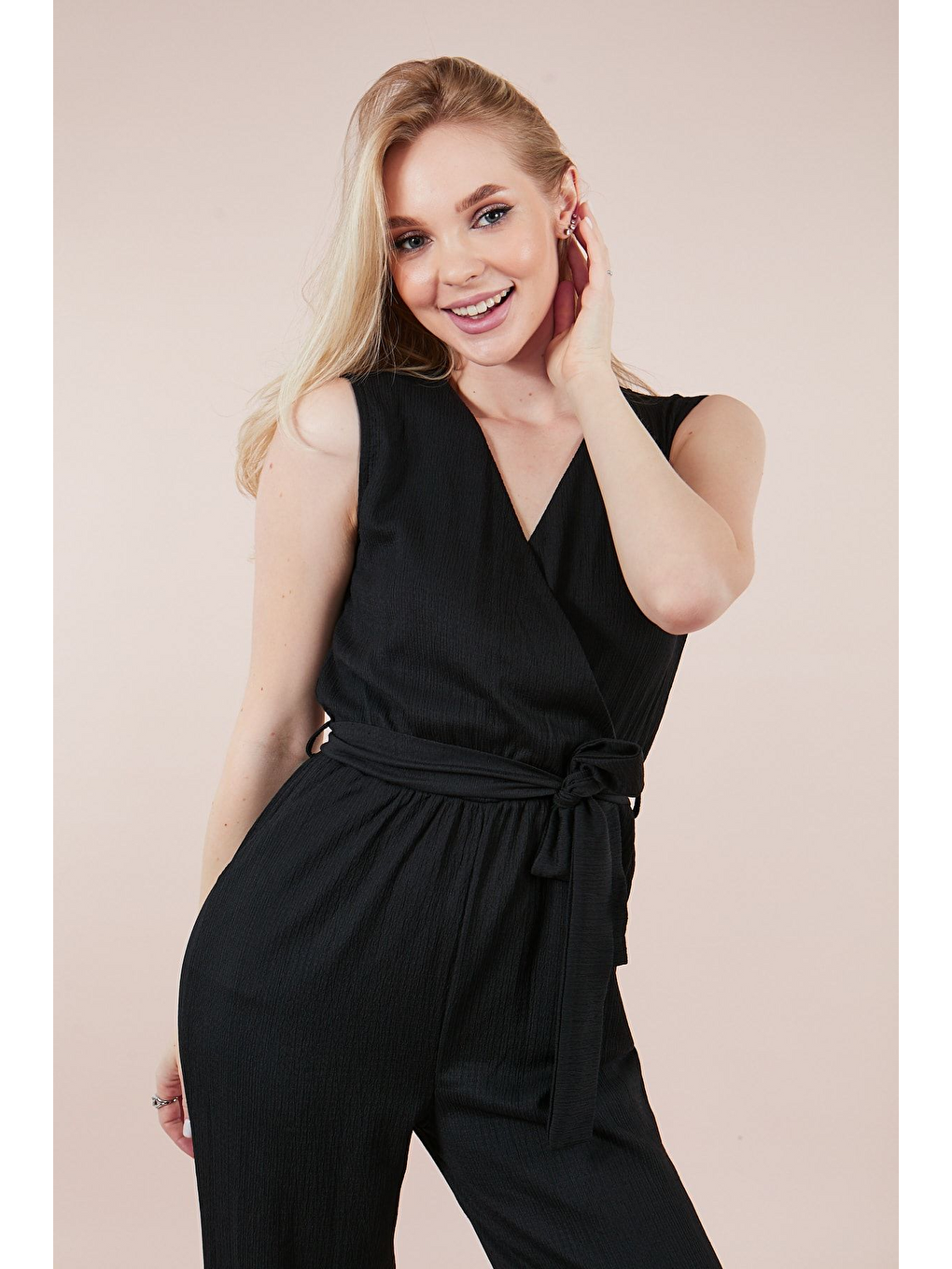 Kadın Siyah Beli Kuşaklı Bürümcük Tulum-2