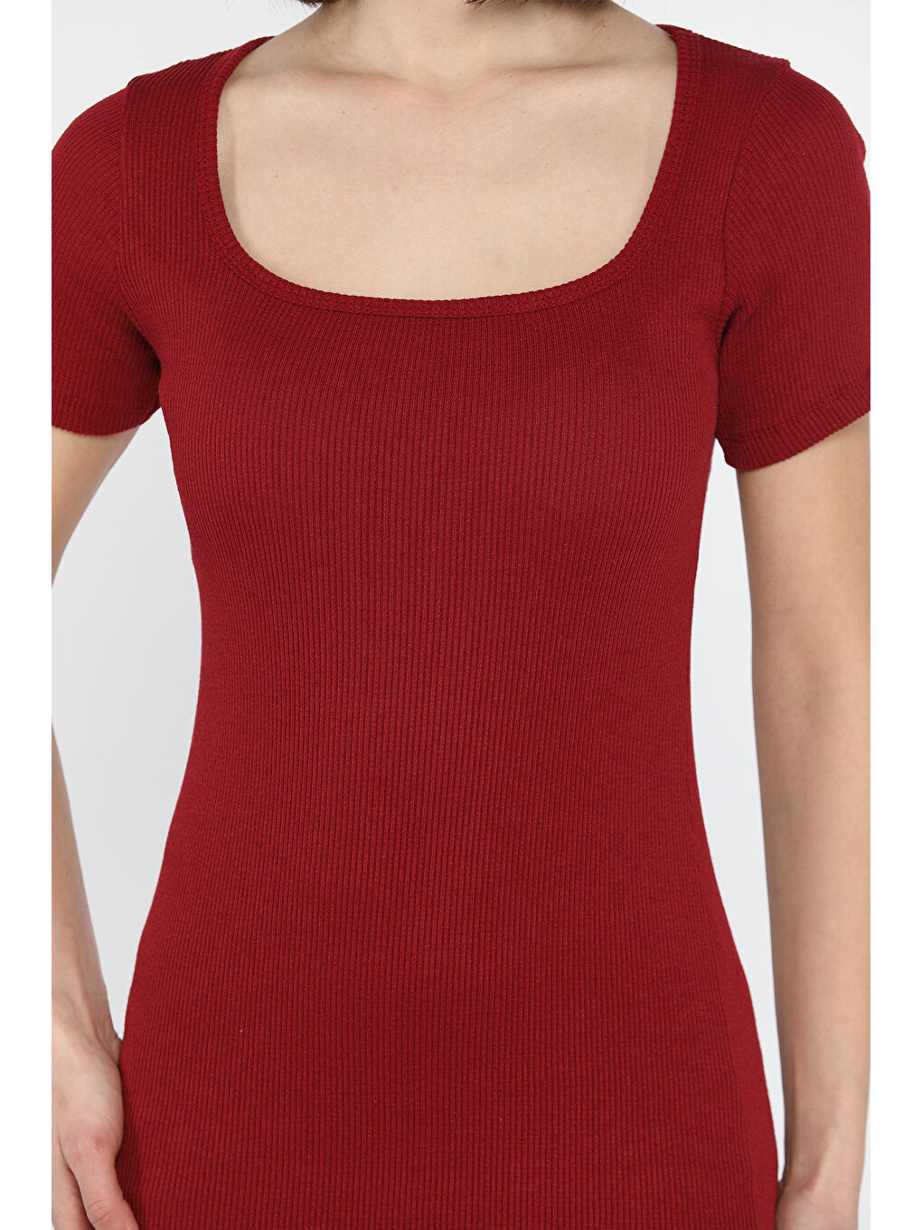 Bordo Kare Yaka Kaşkorse Elbise-4