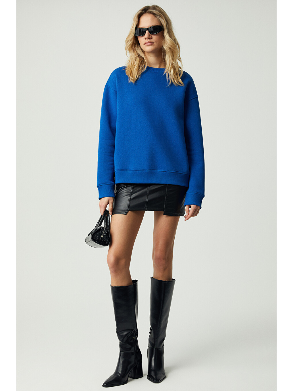 Mavi Vaneltına Kadın Organik Pamuklu Yumuşacık İçi Polarlı Yuvarlak Yakalı Saks Sweatshirt-1