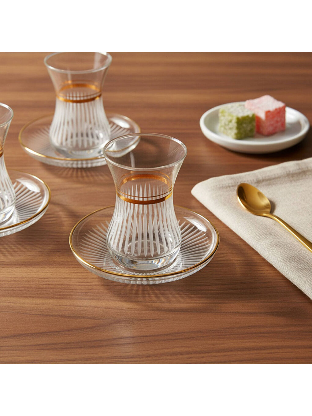 Ekru Güral Cam 12 Parça 6 Kişilik Elit Çay Takımı Altın