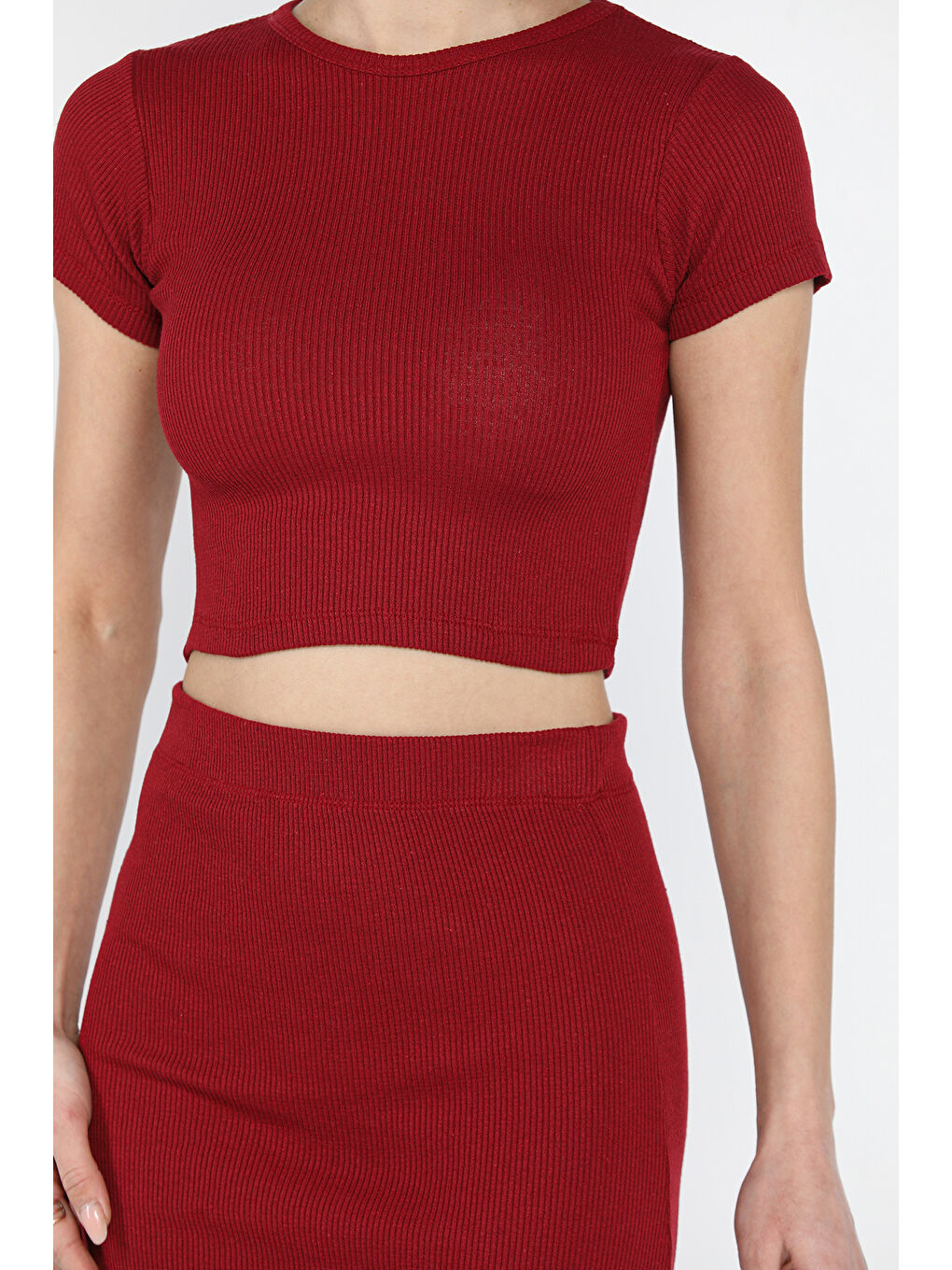 Bordo Bisklet Yaka Midi Boy Elastanlı Yırtmaçlı Kaşkorse Kadın İkili Takım-3