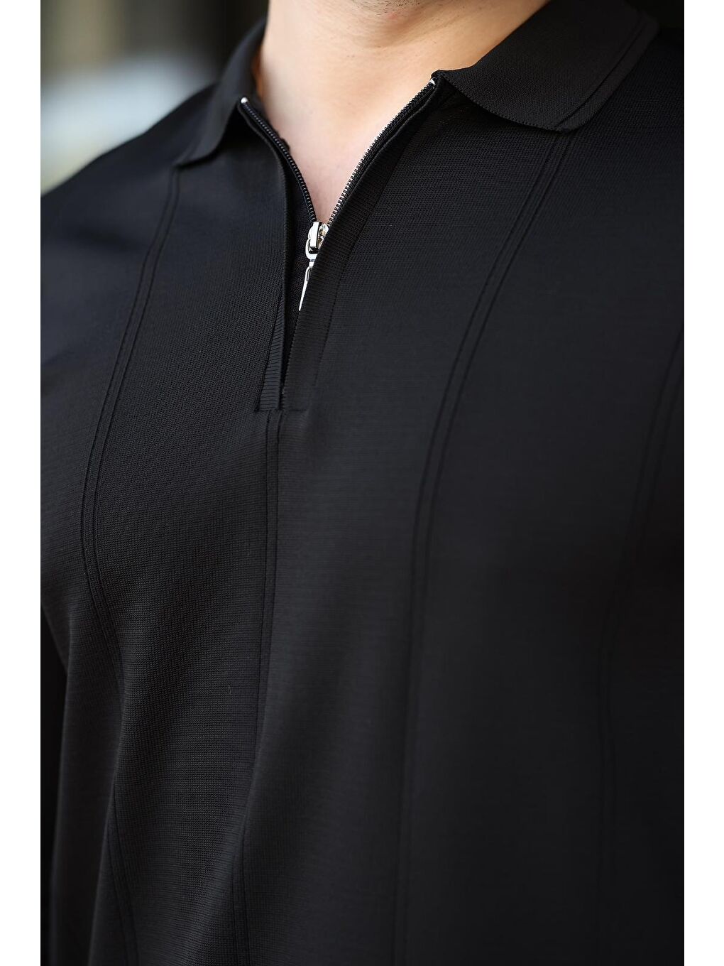 Siyah Polo Yaka Fermuarlı Erkek Kazak E7427-2