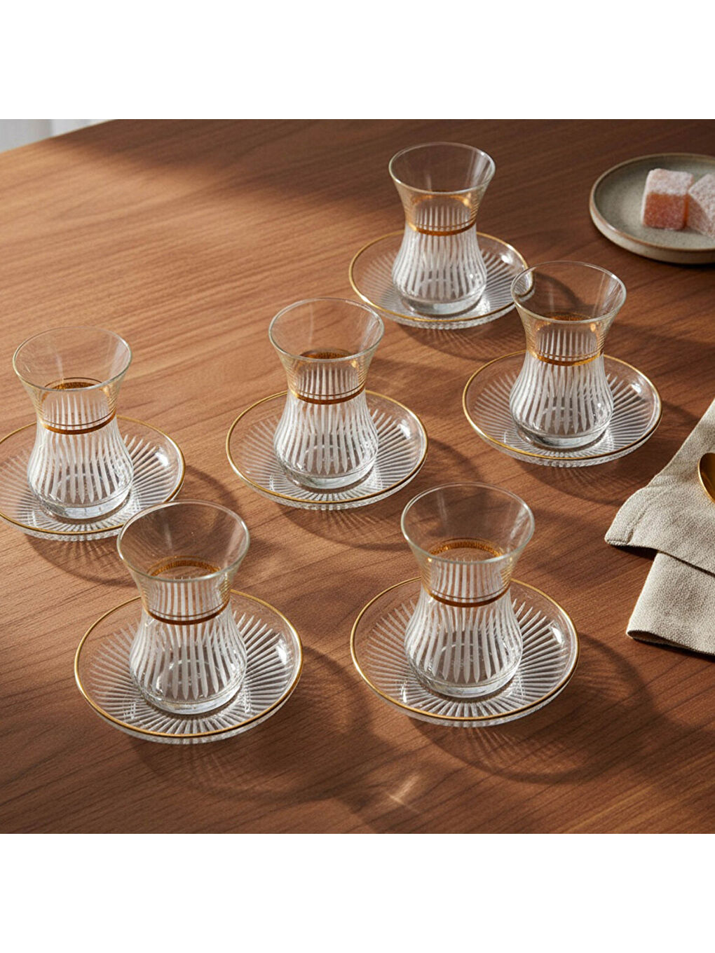 Ekru Güral Cam 12 Parça 6 Kişilik Elit Çay Takımı Altın-1