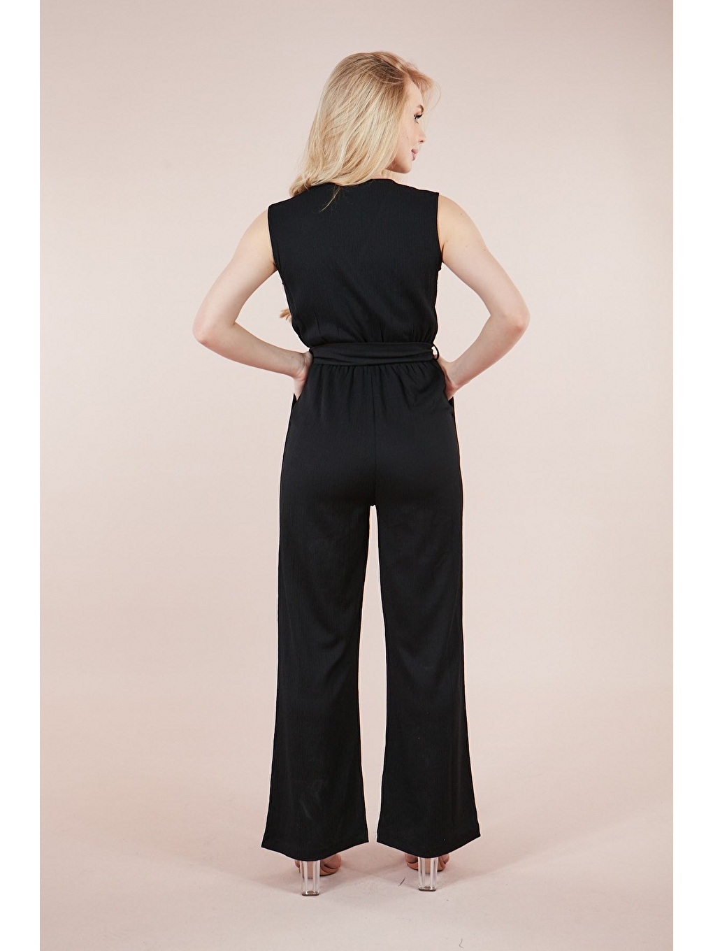 Kadın Siyah Beli Kuşaklı Bürümcük Tulum-6