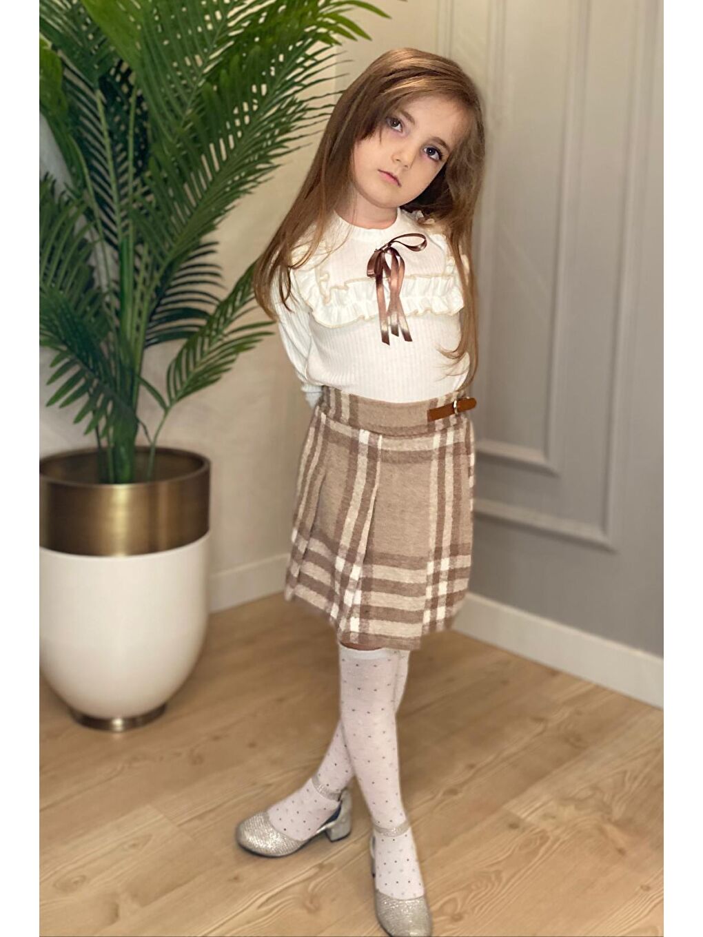 Bej Şort Etek Kız Çocuk Takım MNK0561-2