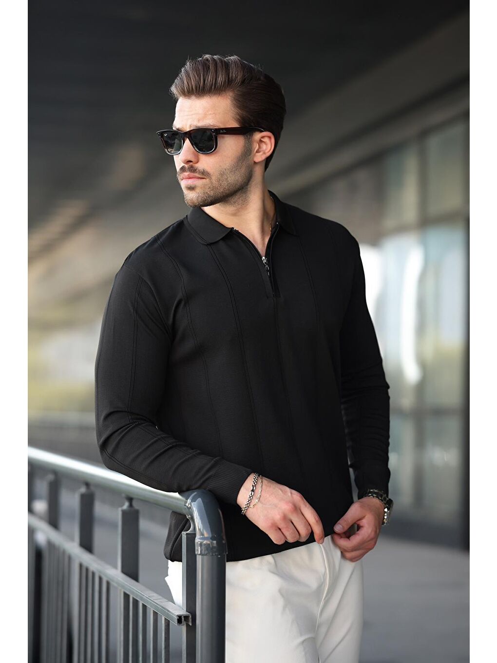 Siyah Polo Yaka Fermuarlı Erkek Kazak E7427-3