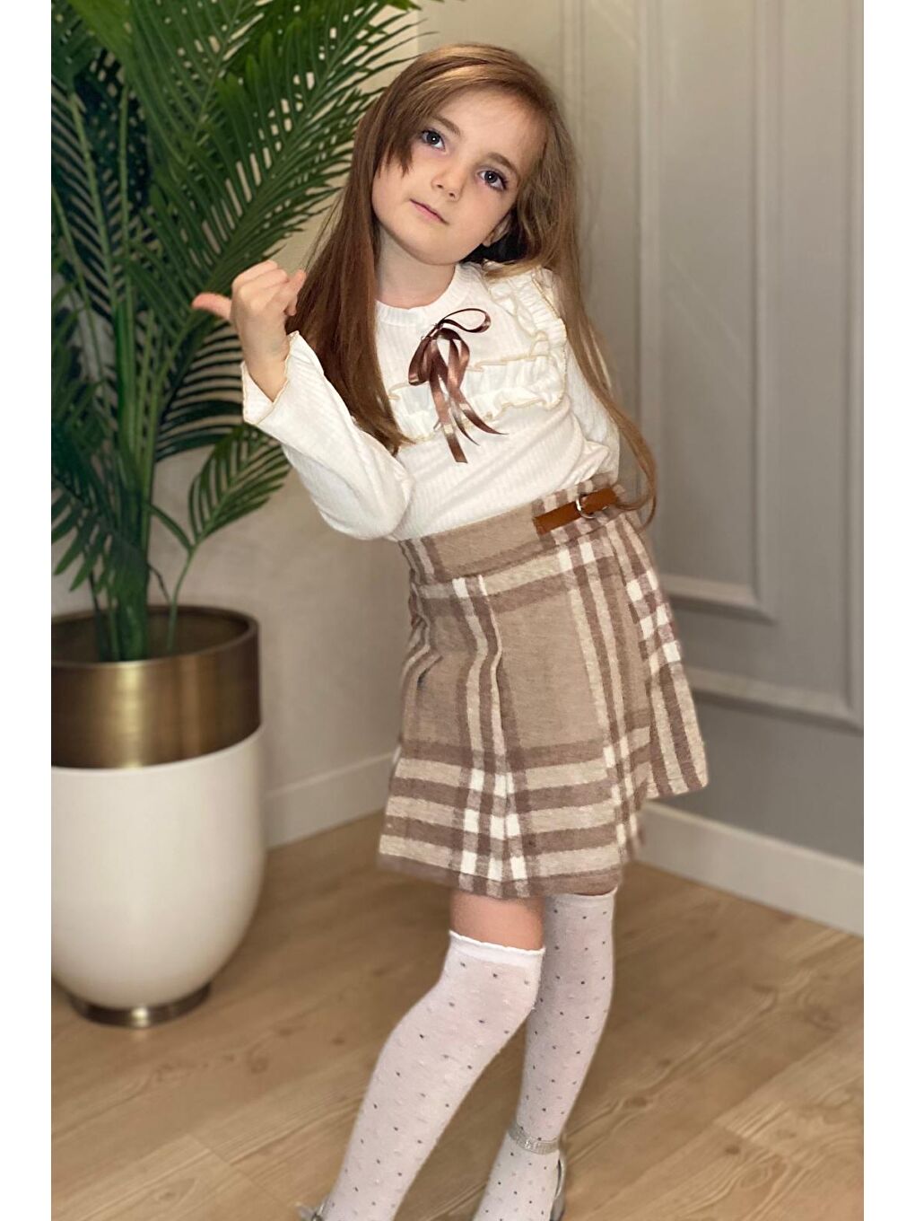 Bej Şort Etek Kız Çocuk Takım MNK0561-3