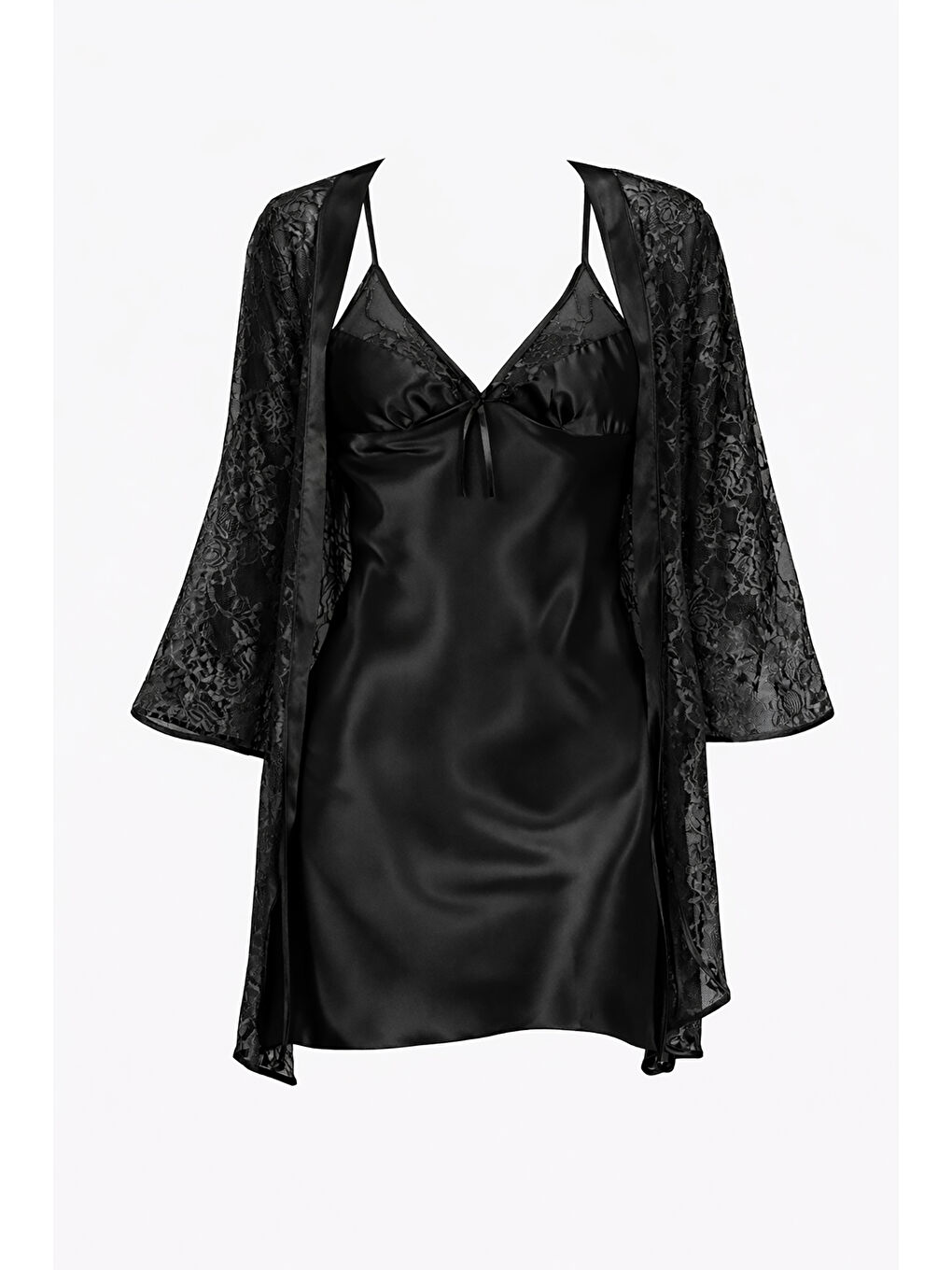 Siyah Dantelli Saten Gecelik Sabahlık Takımı