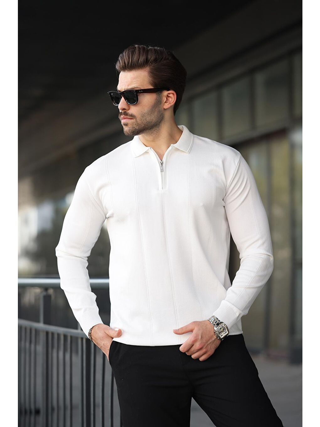 Beyaz Polo Yaka Fermuarlı Erkek Kazak E7427