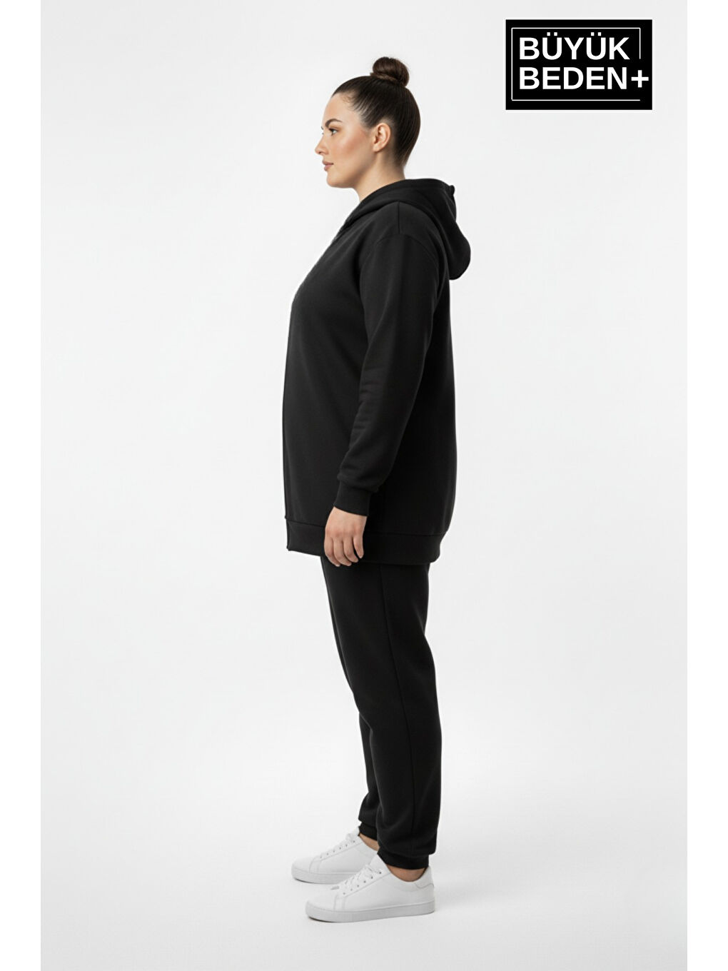 Siyah Kadın Büyük Beden Fermuarlı Kapüşonlu Sweatshirt Hırka - Rahat Kalıp SPR26BHR960-2