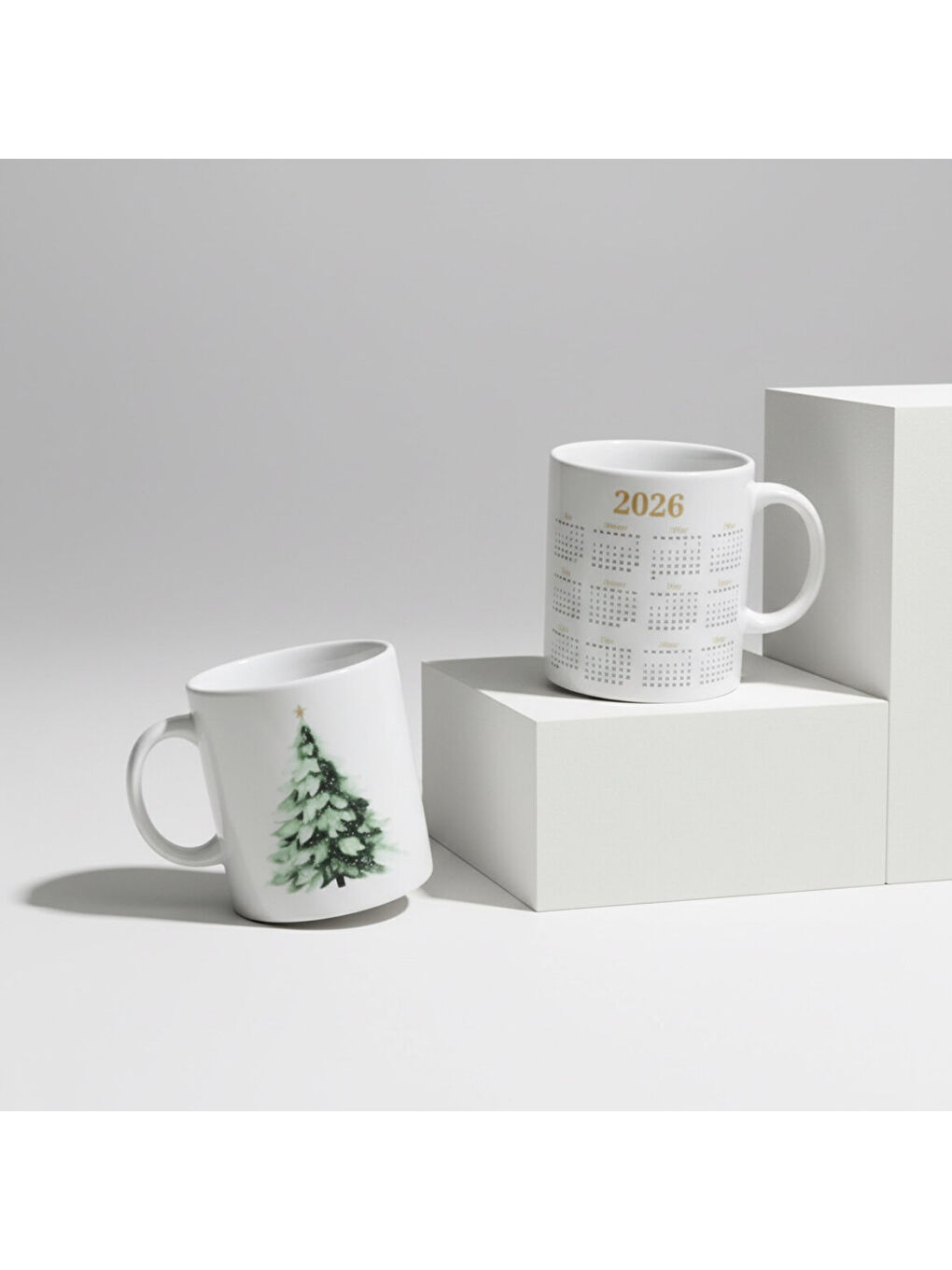 Ekru Yılbaşı Ağaçlı ve Takvimli Mug Bardak 6835-1