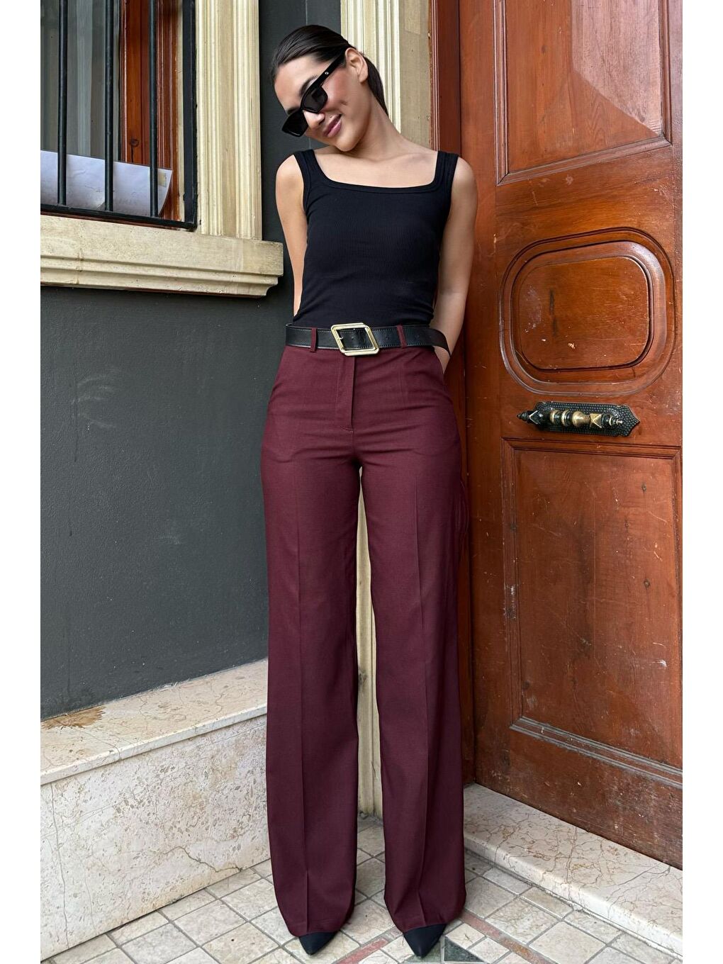 Bordo Yüksek Bel Kumaş Pantolon Mg2285-1