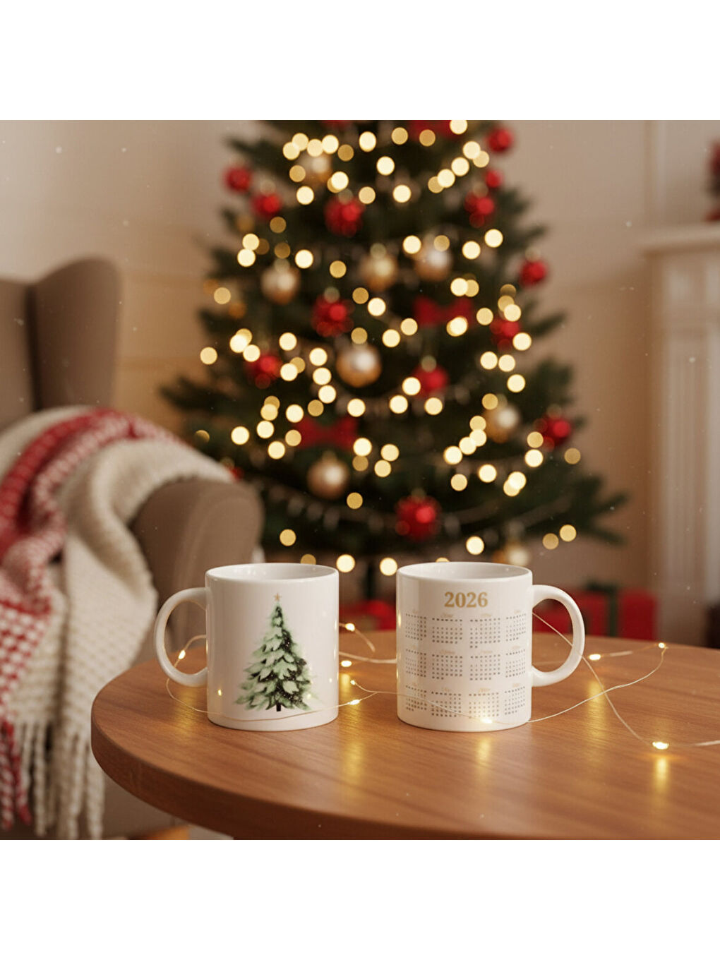 Ekru Yılbaşı Ağaçlı ve Takvimli Mug Bardak 6835-2