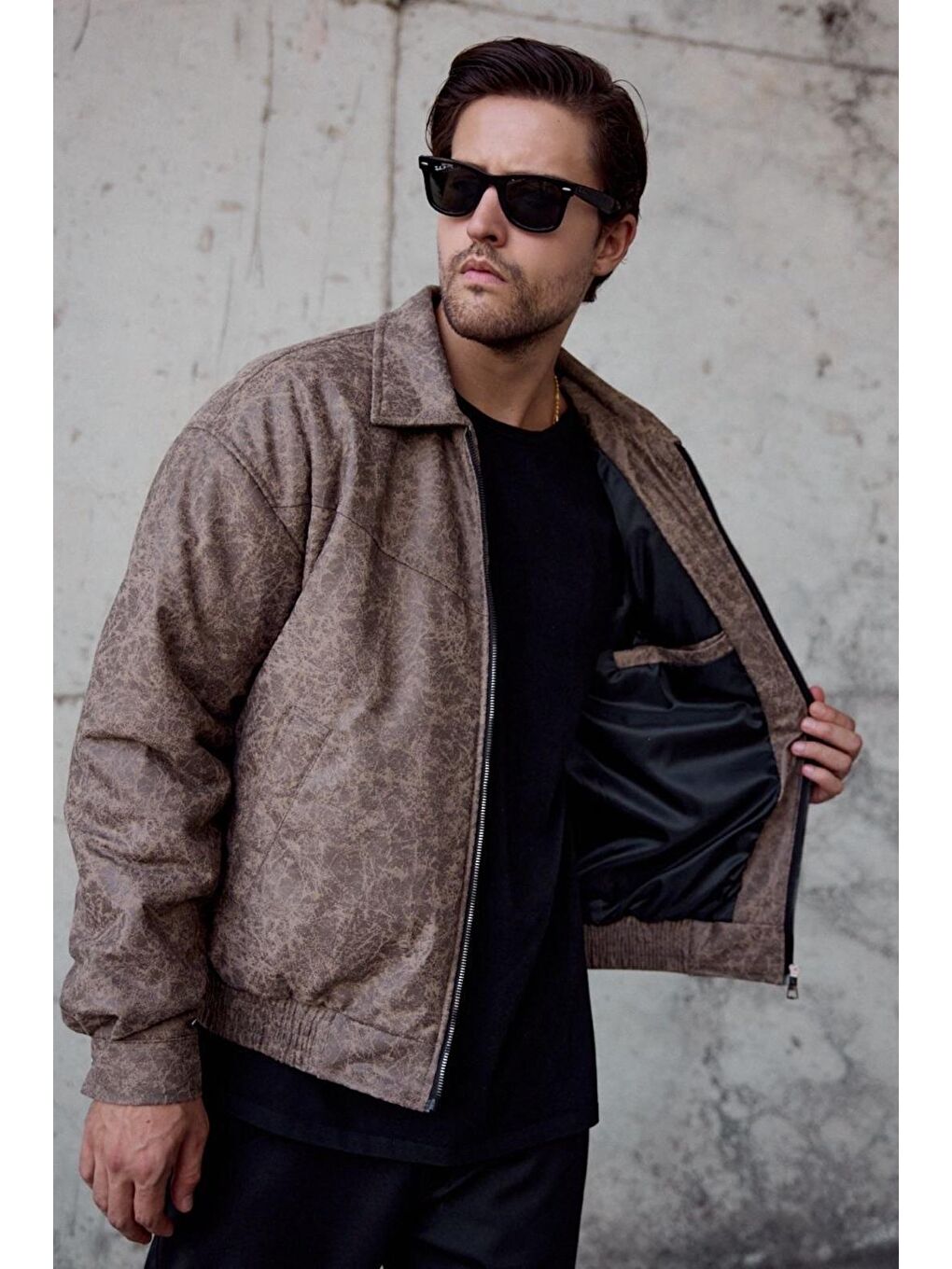 Bej Tica Beli Lastikli Damarlı  Erkek Deri Görünümlü Mont Ceket