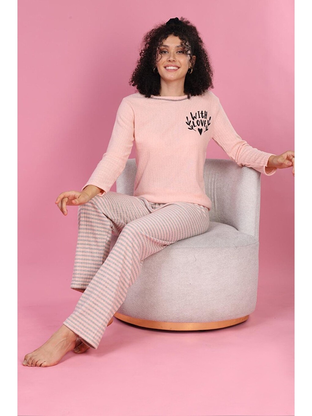 Pembe Let Me Slee P Baskılı Büyük Beden Pijama Takımı-1