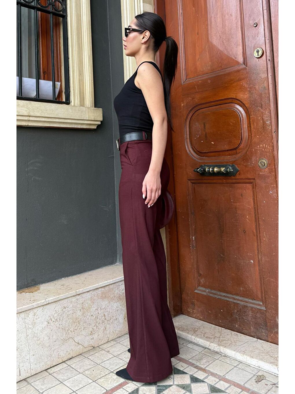 Bordo Yüksek Bel Kumaş Pantolon Mg2285-2