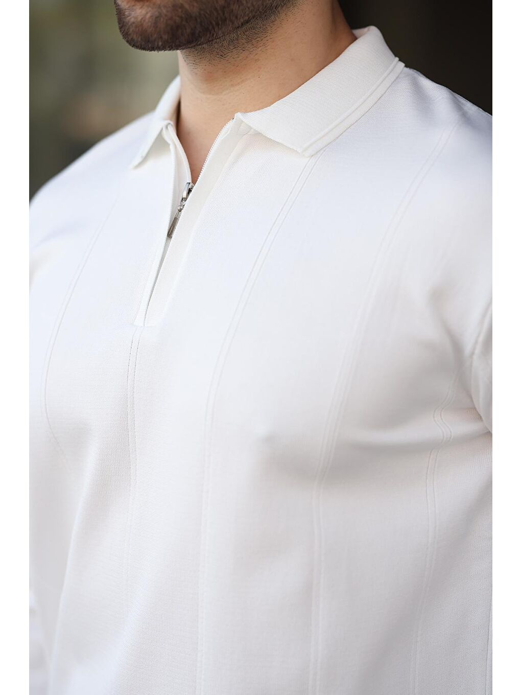 Beyaz Polo Yaka Fermuarlı Erkek Kazak E7427-1