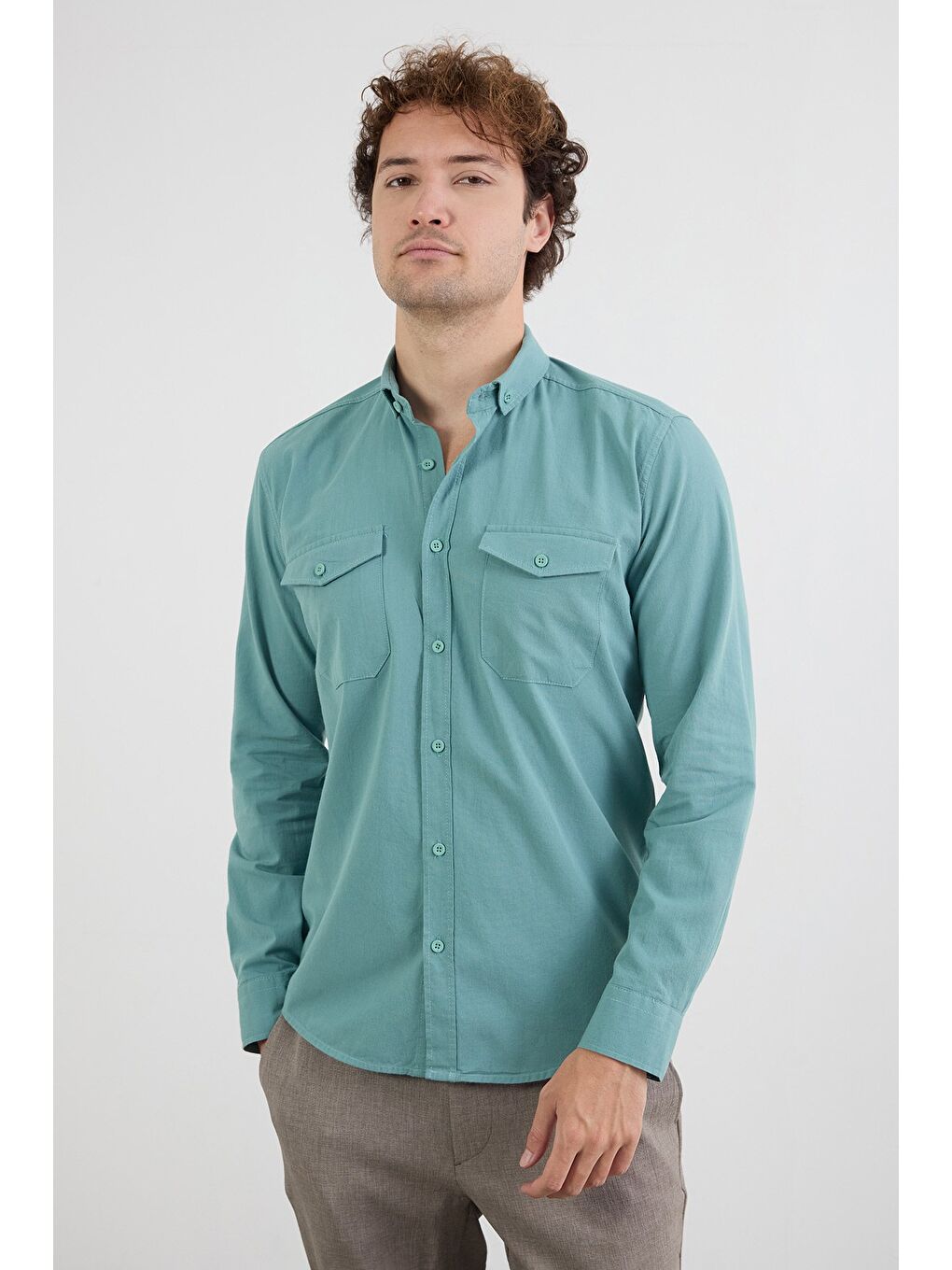 Yeşil Basic Çift Cepli %100 Pamuk Gömlek-1